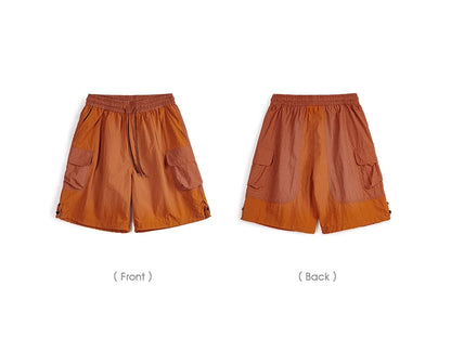 Summer Men Straight Shorts Orange Patchwork Gingham Loose Beach Pants Plus Size Shorts Elastic Waist Light Breathable