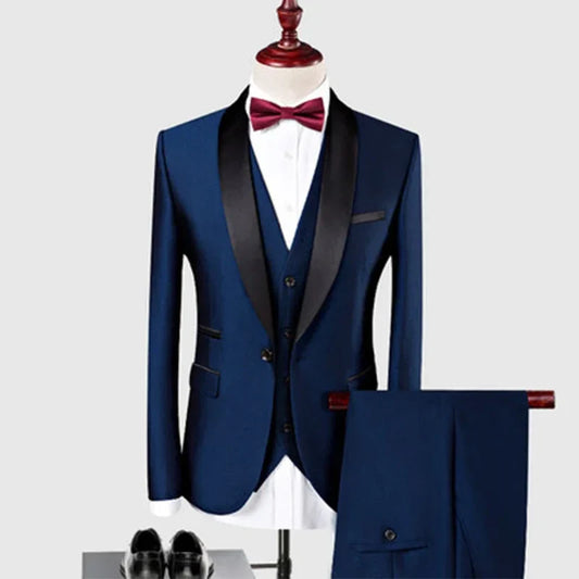 Royal Blue/Burgundy Man Suits Classic Black Lapel Wedding Suits 3 Pieces (Jacket+Pants+Vest)