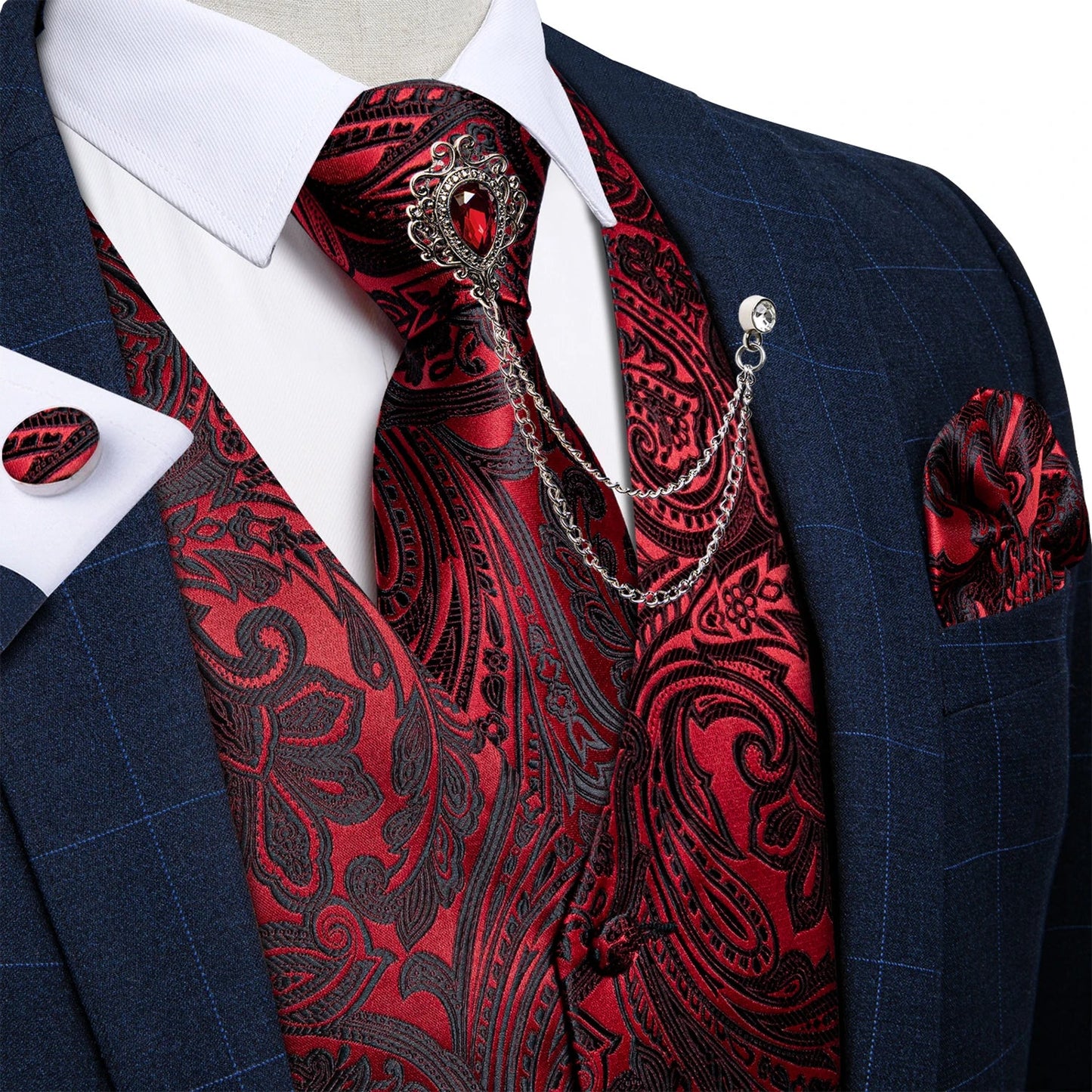 New Teal Green Paisley Formal Dress Vest Men's Suit Vest Waistcoat Tie Brooch Pocket Square Set for Tuxedo