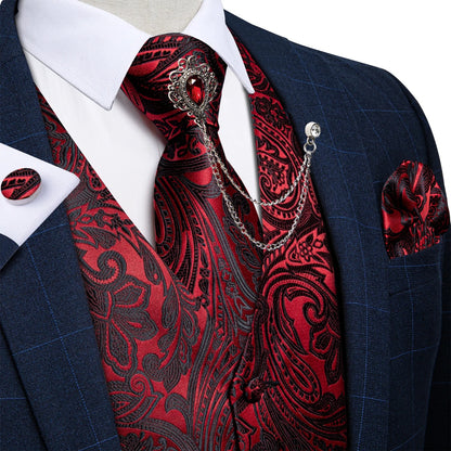 New Teal Green Paisley Formal Dress Vest Men's Suit Vest Waistcoat Tie Brooch Pocket Square Set for Tuxedo