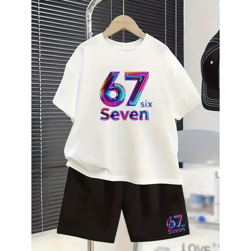 New Kids Clothes Girls 67 Funny Printer Kids T-shirt Shorts Pant Set Fashion Children's Clothes Casual Short Sleeve Shorts Set