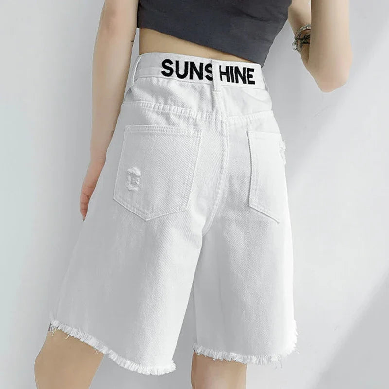 Women Tassels Denim Shorts Korean Fashion Letter Embroidery Wide Leg Shorts Casual Streetwear High Waist Female Shorts