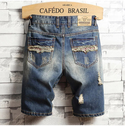 Brand Clothing New Summer Ripped Hole Denim Shorts Men Cotton Thin Straight Retro Biker Knee Length Short Jeans Male Streetwear