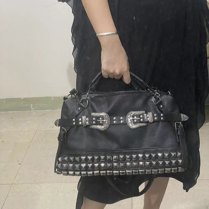 Spice Girl Carved Leather Buckle Bag Large Capacity PU Fashion Rivet Cool Handbags Oblique Straddle Portable Punk Tote Bags