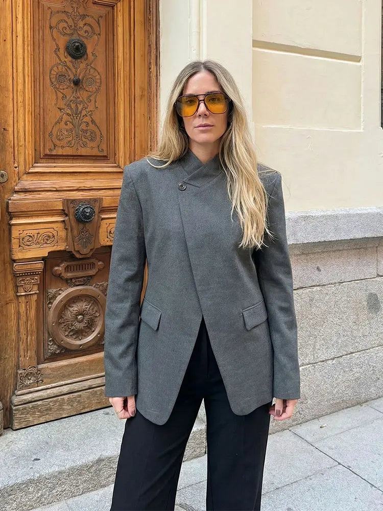 Women Casual Asymmetrical Dark Grey Blazer One Button Long Sleeve Jacket Coats 2026 Trend Vintage Solid Office Blazers