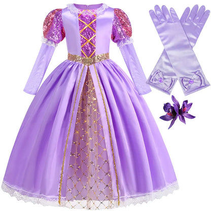 Rapunzel Short Sleeve Purple Puffy Dress + Accessories Girls Cosplay Rapunzel Summer Casual Dress Birthday Party Gift
