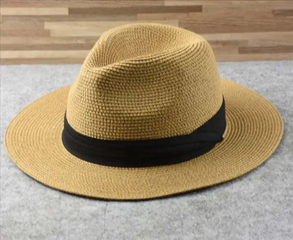 Unisex Panama Straw Hat Wide Brim Summer Beach Sun Protection Fedora Style - Sizes 55-57/58-60/61-64cm (Large/Plus)"