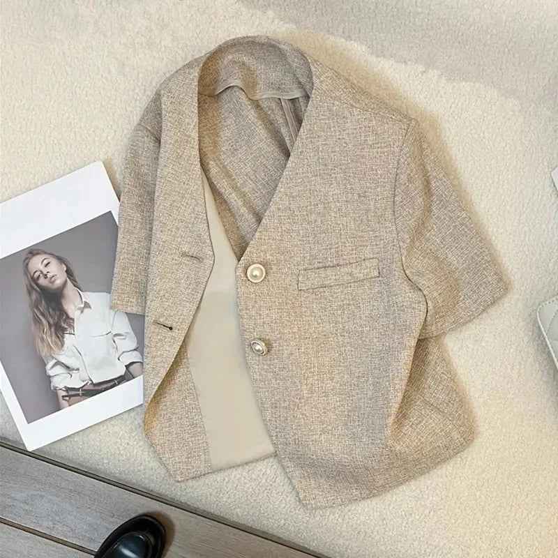 Women's Blazer Coat 2025 Spring Autumn Short-sleeve  Temperament Ladies Outerwear Korean Version Casual Female Short Suit Jacket