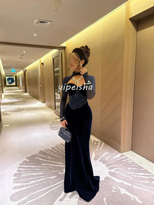 Customized Sexy Fashion Velour Beading Sequined Mermaid Square Neck Long Dresses Bespoke Occasion Dresses Sizes Available Retro