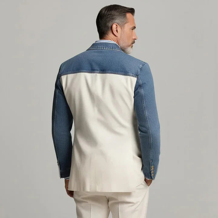 Men's Blazer Denim Sleeve Patchwork Double Breasted Suits Coats Casual Business Fashion Jacket for Spring Autumn Wedding Party