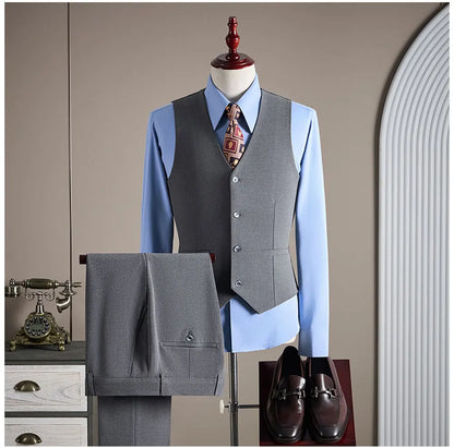 High-quality, Fashionable and Stylish Plus-size Men's Solid-color Suit Set, Men's Three-piece Set, One-button Casual Suit