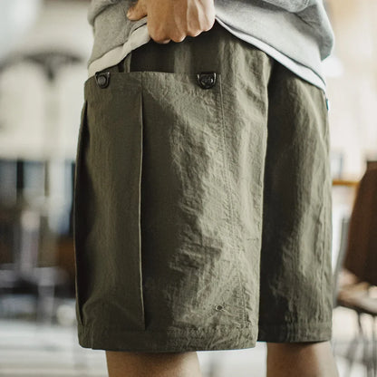 Casual Green Pocket Shorts Men's Summer Lightweight Woven Straight Leg Shorts Elastic Waist Retro Street Versatile Bottoms