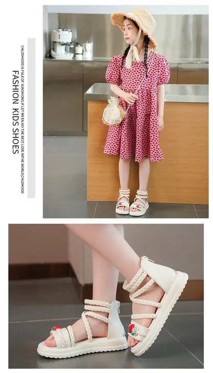 Kids Girls GLADIATOR Sandals Open Toe Knitted Strawberry Summer Non Slip Flat Fashion Children Casual Shoes Roman Shoes Simple
