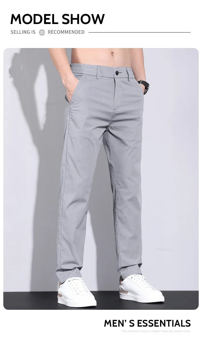 Ultra-thin Elastic Men's Casual Pants 2024 Summer Ice Silk Cotton Fashion Slim Straight Business Trousers Black Gray Khaki