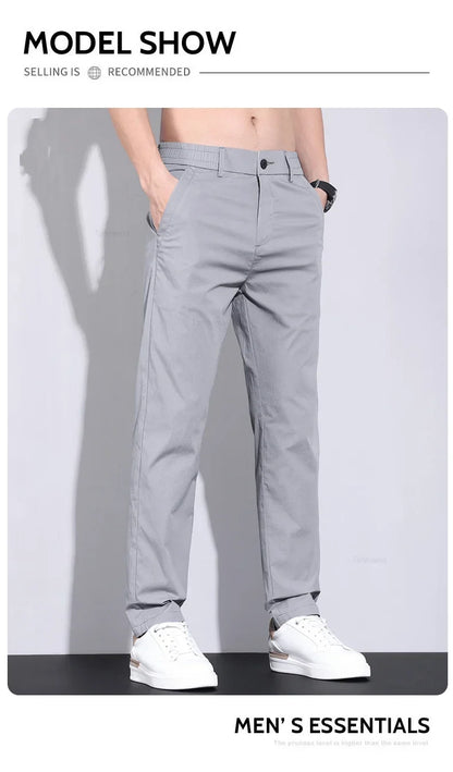 Ultra-thin Elastic Men's Casual Pants 2024 Summer Ice Silk Cotton Fashion Slim Straight Business Trousers Black Gray Khaki