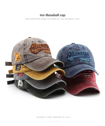 2025 Spring/Summer Unisex Cotton Baseball Cap Vintage Washed with Alphabet  ALWAYS Embroidery - Hip-Hop Inspired Snapback Design
