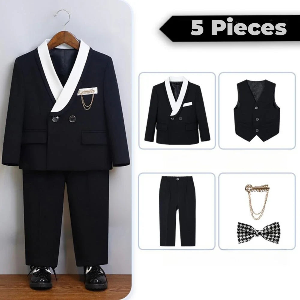 Handsome Smart Shawl Lapel Children's Tuxedo 5 Pieces Wedding Ring Bearer Outfit,Boys Slim Fit Suit Set For Performance