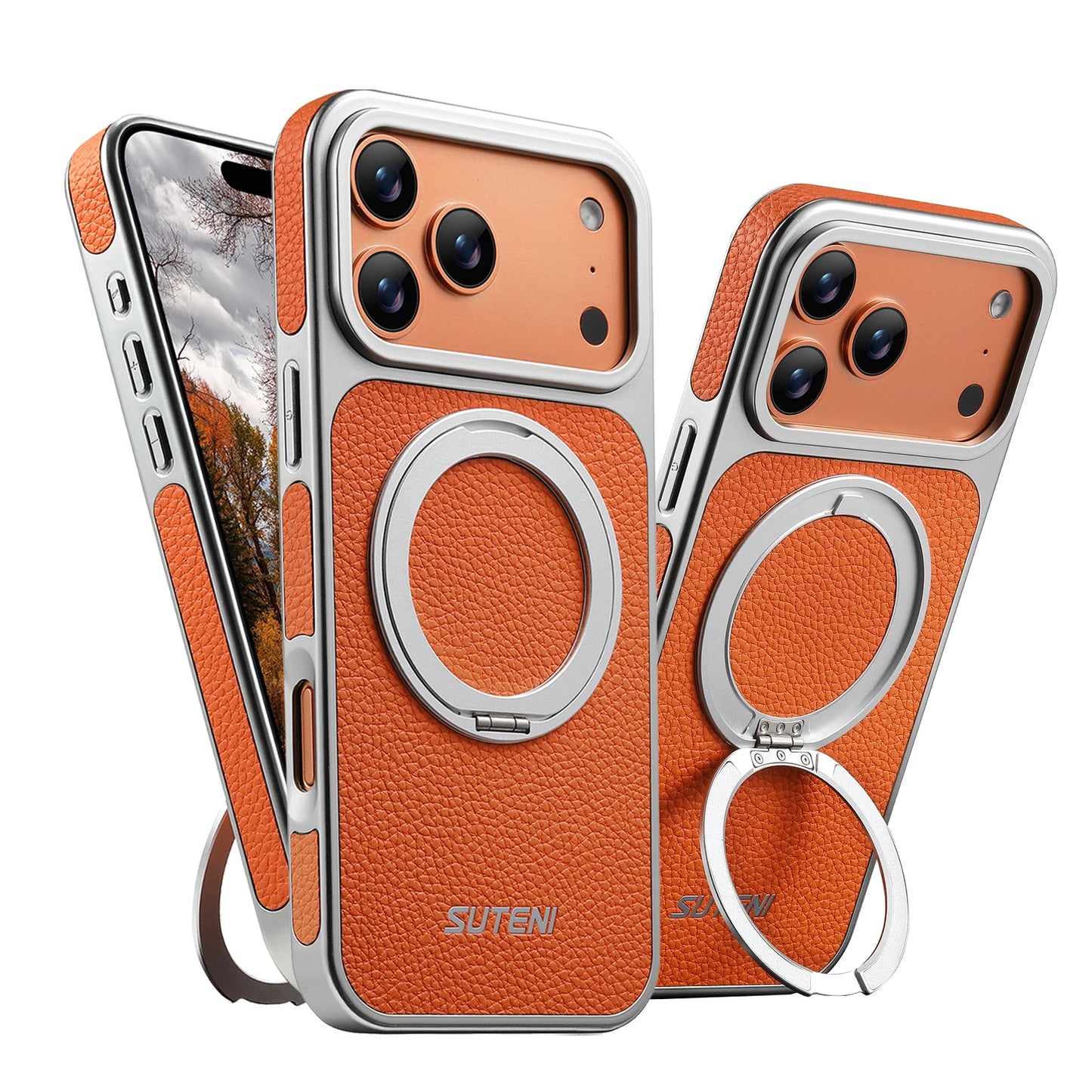 Faux Leather Magnet Wireless Charging Phone Case 360° Rotating Stand Ring Buckle Frosted Feel For iPhone 17 Pro Max 16 15