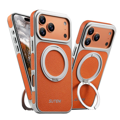 Faux Leather Magnet Wireless Charging Phone Case 360° Rotating Stand Ring Buckle Frosted Feel For iPhone 17 Pro Max 16 15