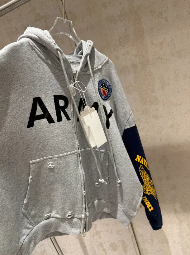2026 Patchwork ARMY Vintage Damaged Cardigan Pullover Men Women Best Quality Hoodie