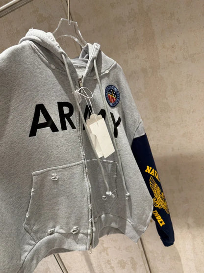 2026 Patchwork ARMY Vintage Damaged Cardigan Pullover Men Women Best Quality Hoodie