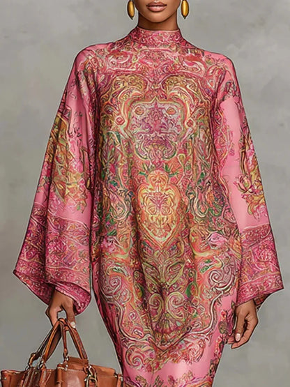 Fashion Print Long Dress Women 2025 Autumn Long Sleeve Loose Half High Collar Maxi Dresses Elegant Robes Femme