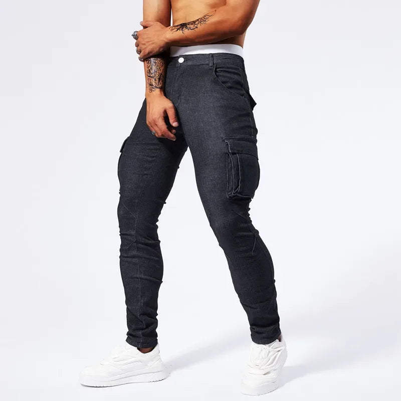 Slim Fit Large Pocket Jeans Cargo Pants for Men Fashionable Casual Hip Hop Stretch Denim Long Pants Male Streetwear Track Pants