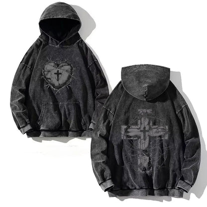 Y2K Washed Hoodies Vintage Cotton Women Men Skull Cross Print Hooded Sweatshirts Oversize Hip Hop Male Pullover Winter Clothes