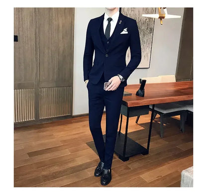 Blue Men Classic Striped/Checked Suits, Asian Size Slim Fit Business Office 3-Piece Sets, Black/Gray and Red Available.
