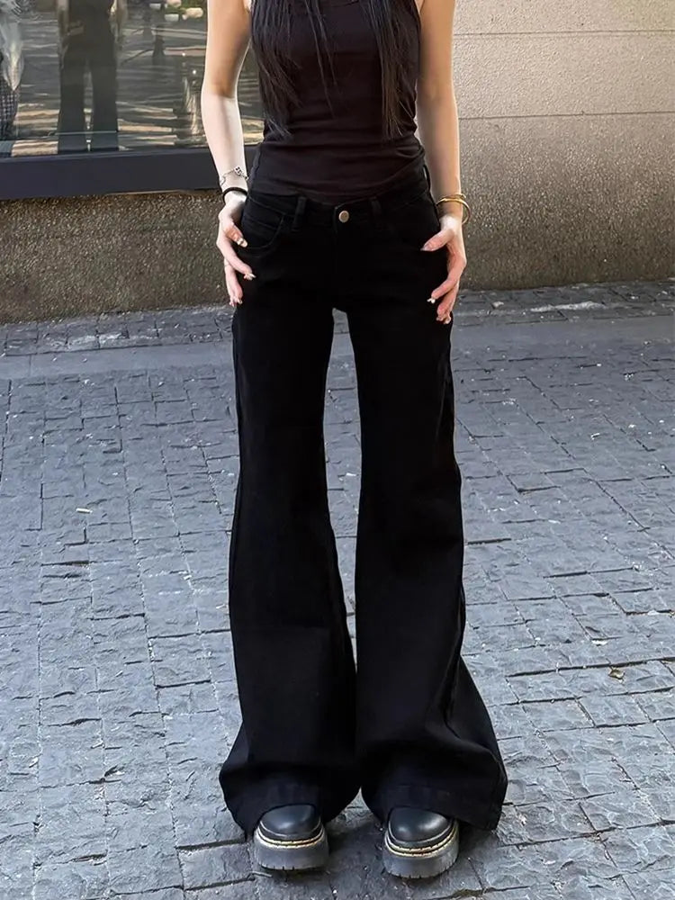 Women Korean Vintage Abi Y2k Low Rise Denim Flare Pants Simple Jean Bell-Bottom Japanese Long Trousers Grunge Dark Academia New