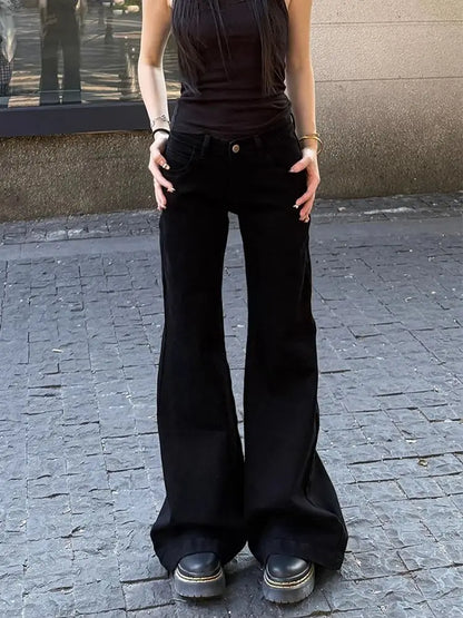 Women Korean Vintage Abi Y2k Low Rise Denim Flare Pants Simple Jean Bell-Bottom Japanese Long Trousers Grunge Dark Academia New