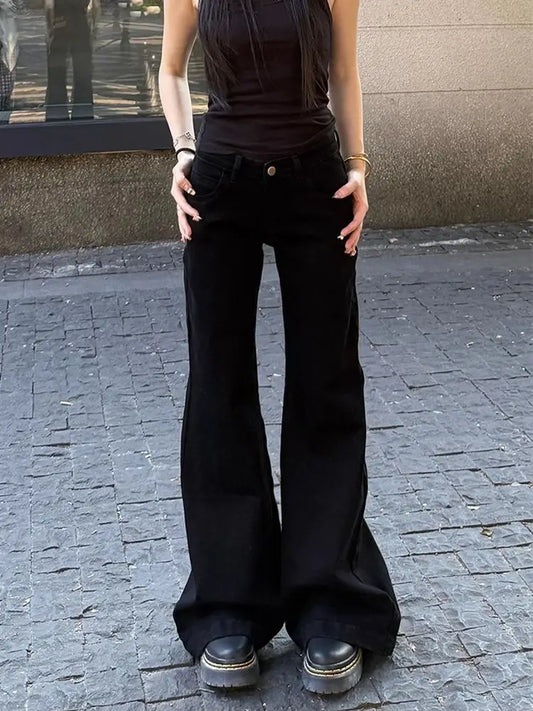 Women Korean Vintage Abi Y2k Low Rise Denim Flare Pants Simple Jean Bell-Bottom Japanese Long Trousers Grunge Dark Academia New