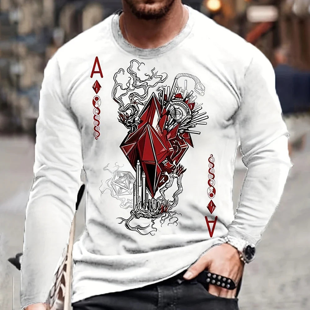 Summer Men's T-Shirt Big Size Loose Retro Short Sleeve Fashion American Poker Letter Print O Neck Long Sleeve Autumn Shirt
