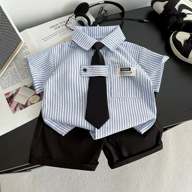 New Toddler Summer Baby Boys/Girls Clothes Suits Children Pinstripe Shirt with Tie Shorts 2Pcs/Set Infant Kids Fashion Outfits