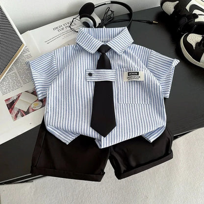 New Toddler Summer Baby Boys/Girls Clothes Suits Children Pinstripe Shirt with Tie Shorts 2Pcs/Set Infant Kids Fashion Outfits