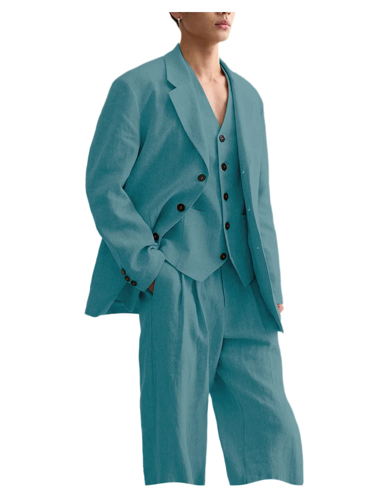 Men's Linen Suit Classic Notch Lapel 3 piece(Blazer+Vest+Pants)Breathable Wide Leg Trousers for Groom Spring Summer Party
