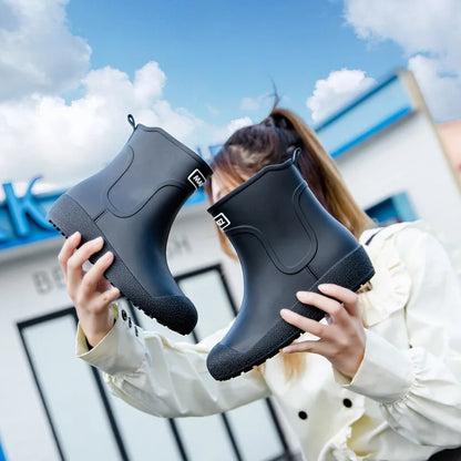 German Non-slip Rain Shoes Men Mid-calf Warm Rain Boots Plus Velvet Waterproof Shoes Kitchen Shoes Car Wash Fishing Shoes Women