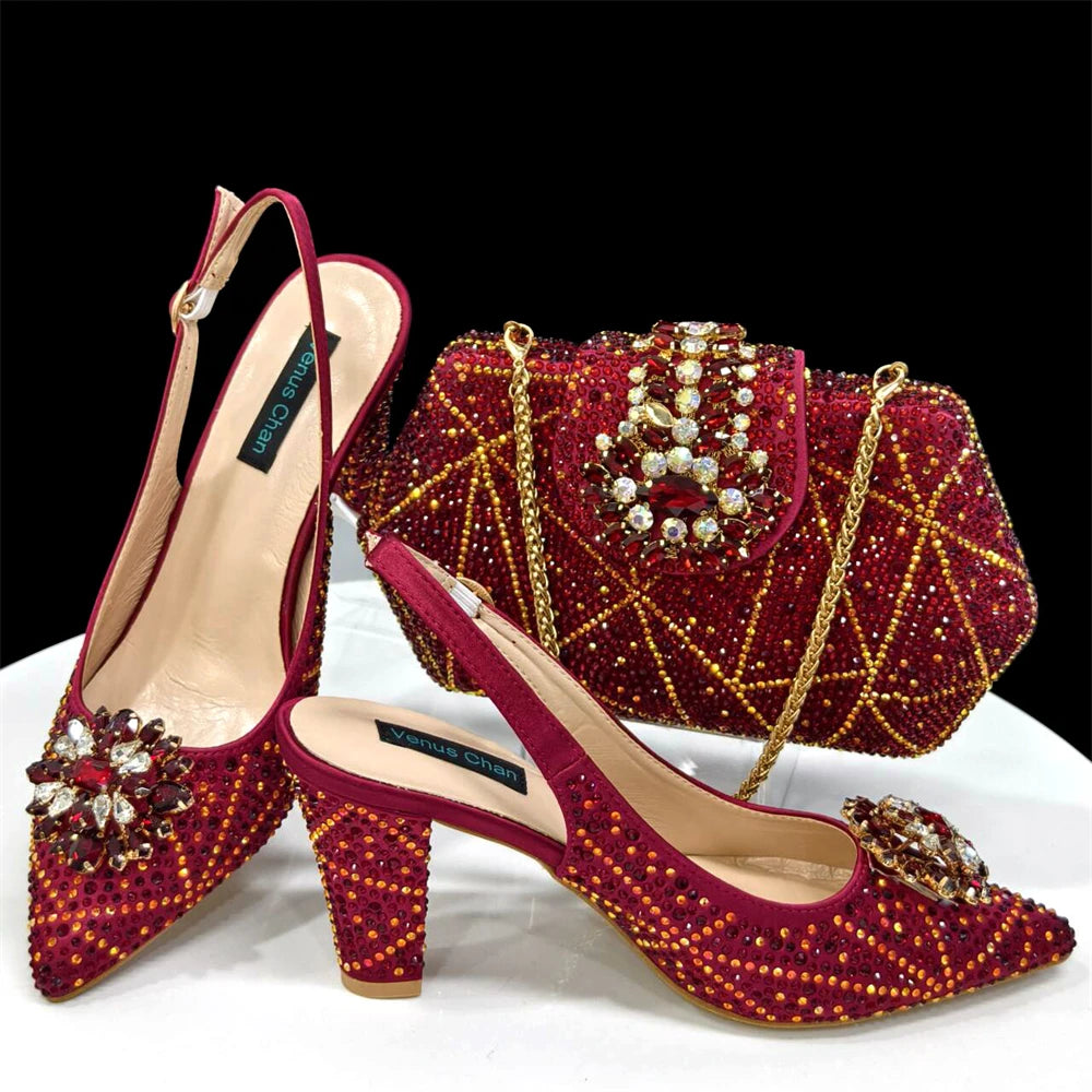 Elegant Woman Heel Shoes INS Style Pointed-Toe Rhinestone Pumps African Ladies Italian Shoe and Bag Set Designer 2024