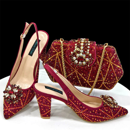 Nigerian Women Heel Party Ladies Italian Design Shoes And Bag Set Decorated with Rhinestone Handbag Wedding Party
