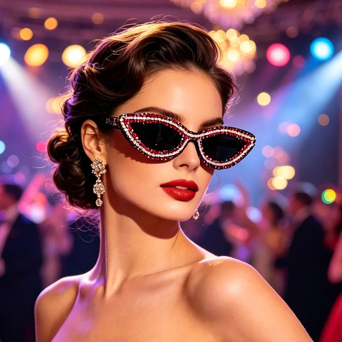 Disco Party Dance Sparkling Sunglasses Women Bling Red Rhinestone Sexy Retro Small Cat Eye Frame Shades for Club Prom UV400