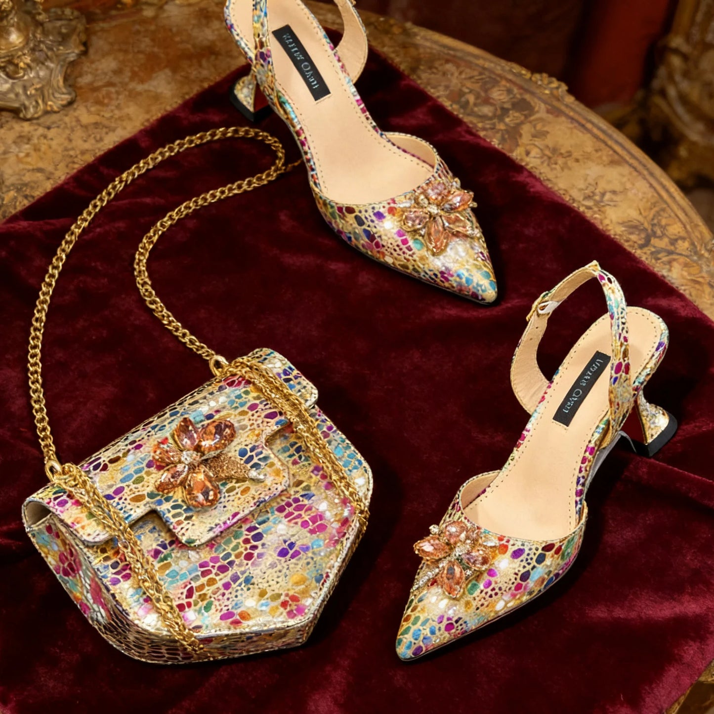 Elegant Rhinestone Heels & Matching Bag Set, Colorful Print Pointed Toe Block Heels for Banquet Club Night