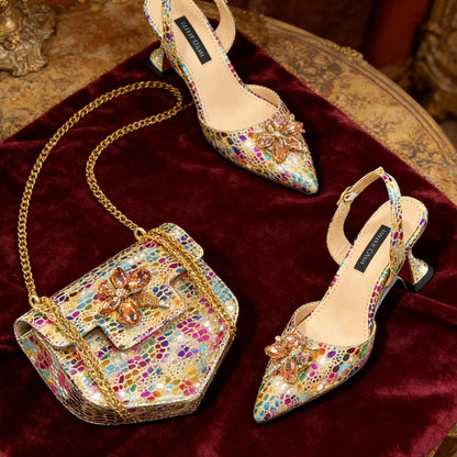 Elegant Rhinestone Heels & Matching Bag Set, Colorful Print Pointed Toe Block Heels for Banquet Club Night