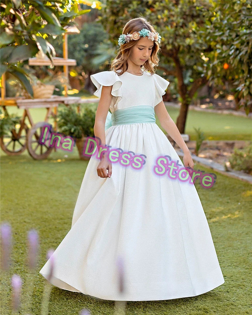 Elegant Long-sleeved Tulle Lace Printing Flower Girl Dress Princess Ball First Communion Dresses Kids Surprise Birthday Present