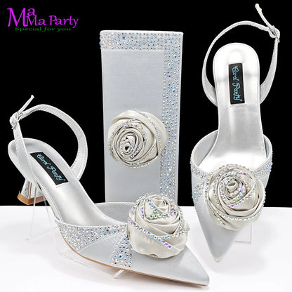 2024 Rose Design 2024 INS Hot Sale New Arrivals African Shoes and Bag Set in Olive Color Pointed Toe Comfortable Heels for Party