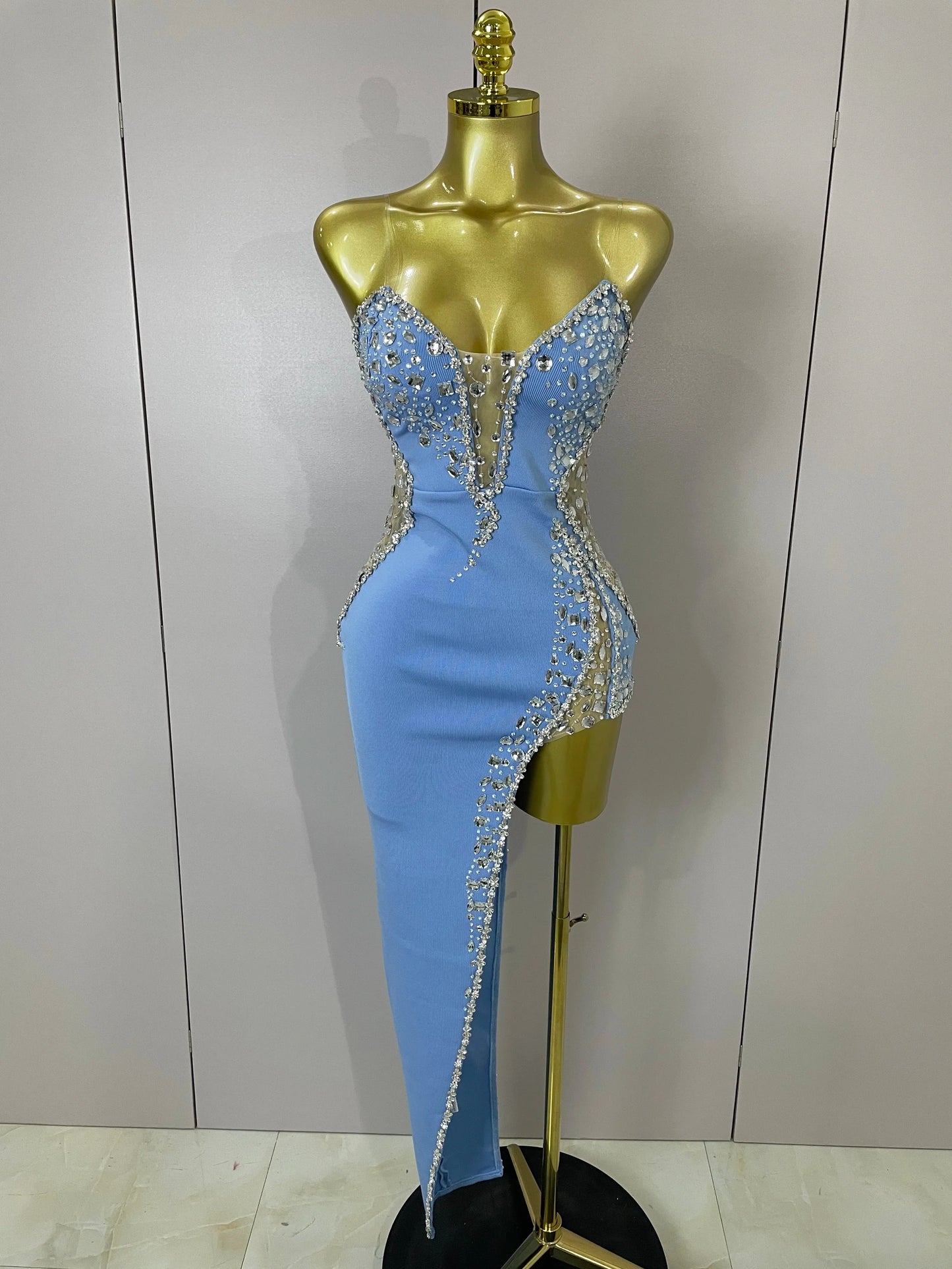 Newest High Quality Sexy Strapless Shinning Rhinestones Bodycon Bandage Long Dress Women Fashion Celebrate Evening Party Vestido