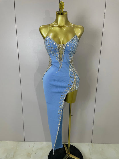 Newest High Quality Sexy Strapless Shinning Rhinestones Bodycon Bandage Long Dress Women Fashion Celebrate Evening Party Vestido