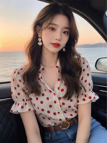 2025 Summer Sweet Blouses Polka Dot Single Breasted Tops Turn Down Collar Puff Sleeve Shirts Fashion All Match Women's Clothing