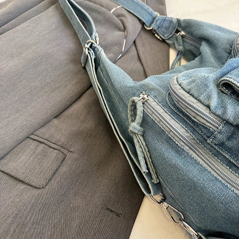 Solid Color Denim Trendy Shoulder Bag for 2025 High Quality Fashion Zipper Large Capacity Versatile Women's Crossbody Bag