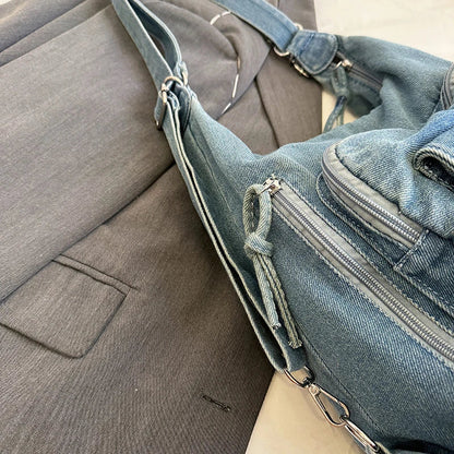 Solid Color Denim Trendy Shoulder Bag for 2025 High Quality Fashion Zipper Large Capacity Versatile Women's Crossbody Bag