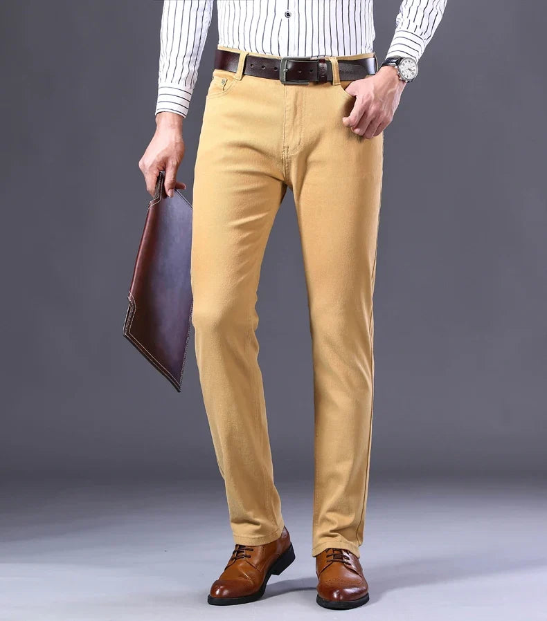 2026 New  Spring Autumn Wine Red Jeans Men Fashion Casual Classic Style Business Straight Fit Soft Trousers Male Advanced Pants